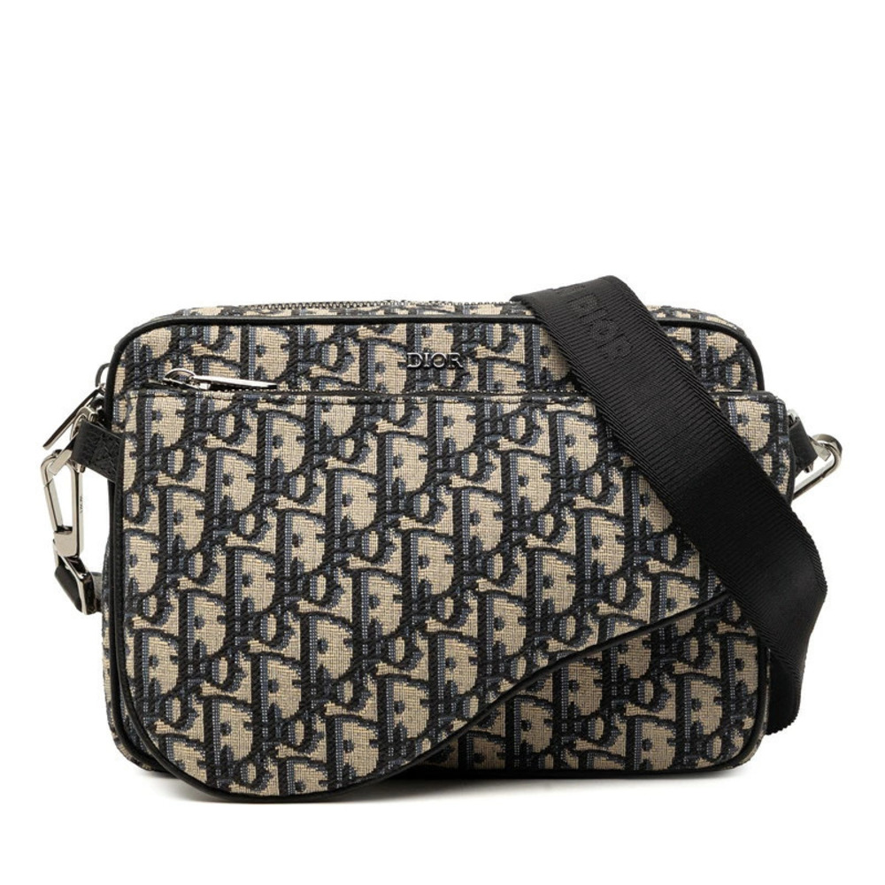 Christian Dior Oblique Saddle Jacquard Crossbody Bag Beige Cream Black